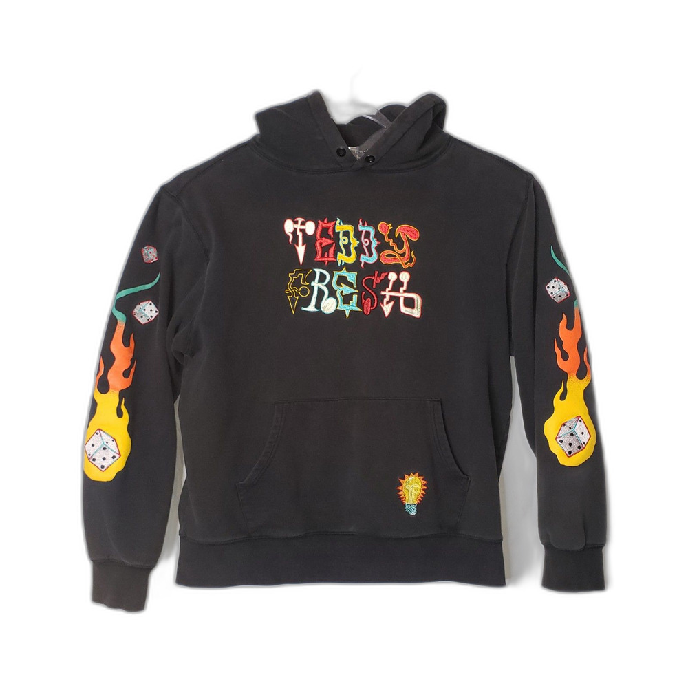 TEDDY FRESH Black Hoodie Sweatshirt Flames Dice Eyes Love Streetwear Size Large
